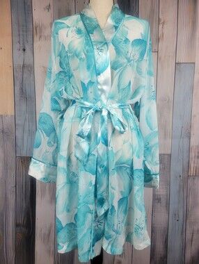 Vintage Y2K Sophia By Delicates Sheer Front Tie Robe Blue White Floral Print Lg